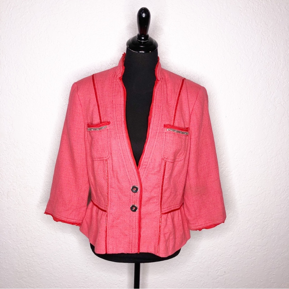 WHBM coral pink rhinestone trim peplum waist linen blend blazer size 14